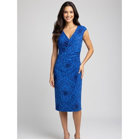 Lauren Ralph Lauren Dresses & Skirts - Lauren Ralph Lauren Blue Damask Paisley Ruched V-Neck Sheath Dress Womens 4